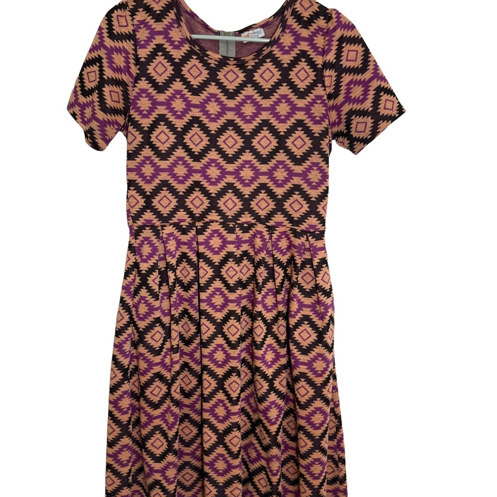 LULAROE Amelia Fit & Flare Dress Orange Purple Aztec Geometric, Short Sleeve, L